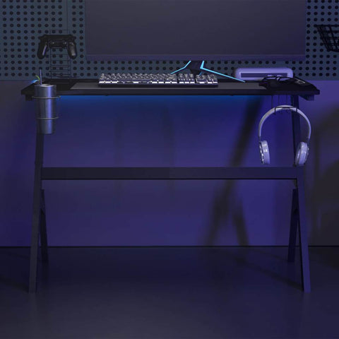 Žaidimų stalas su LED ir Y kojelėmis, juodas, 110x60x75cm